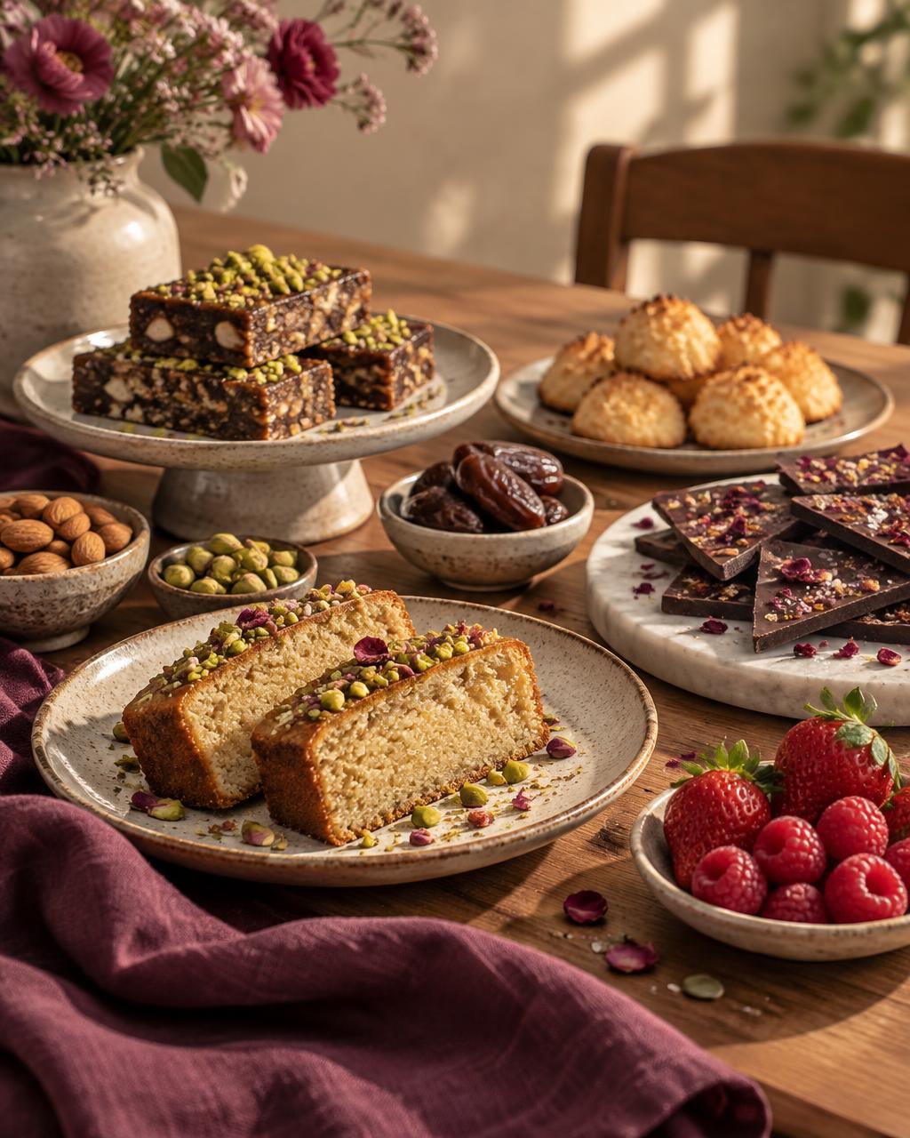 A healthy modern Indian bakery spread — almond and pistachio cake slices, coconut macaroons, fresh berries, dates, nuts and dark chocolate bark finished with rose petals