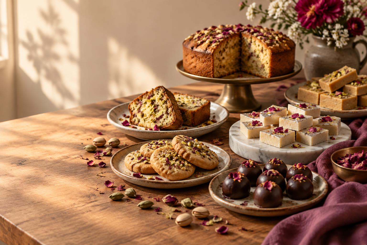 A modern Indian bakery spread — cardamom and pistachio cake, rose cashew squares, jaggery teacake, almond cookies and chocolate truffles finished with rose petals