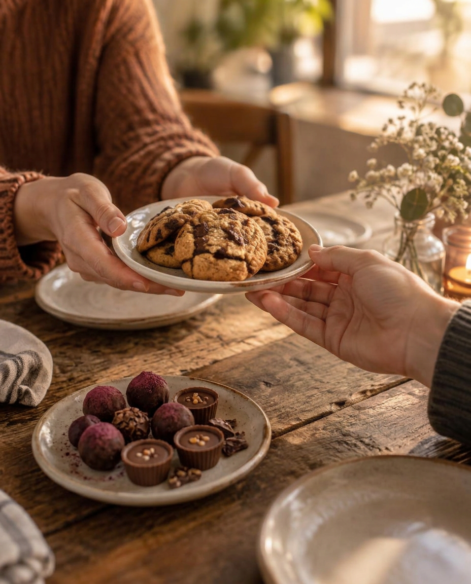Hands passing a plate of freshly baked cookies across a wooden table beside a plate of chocolates